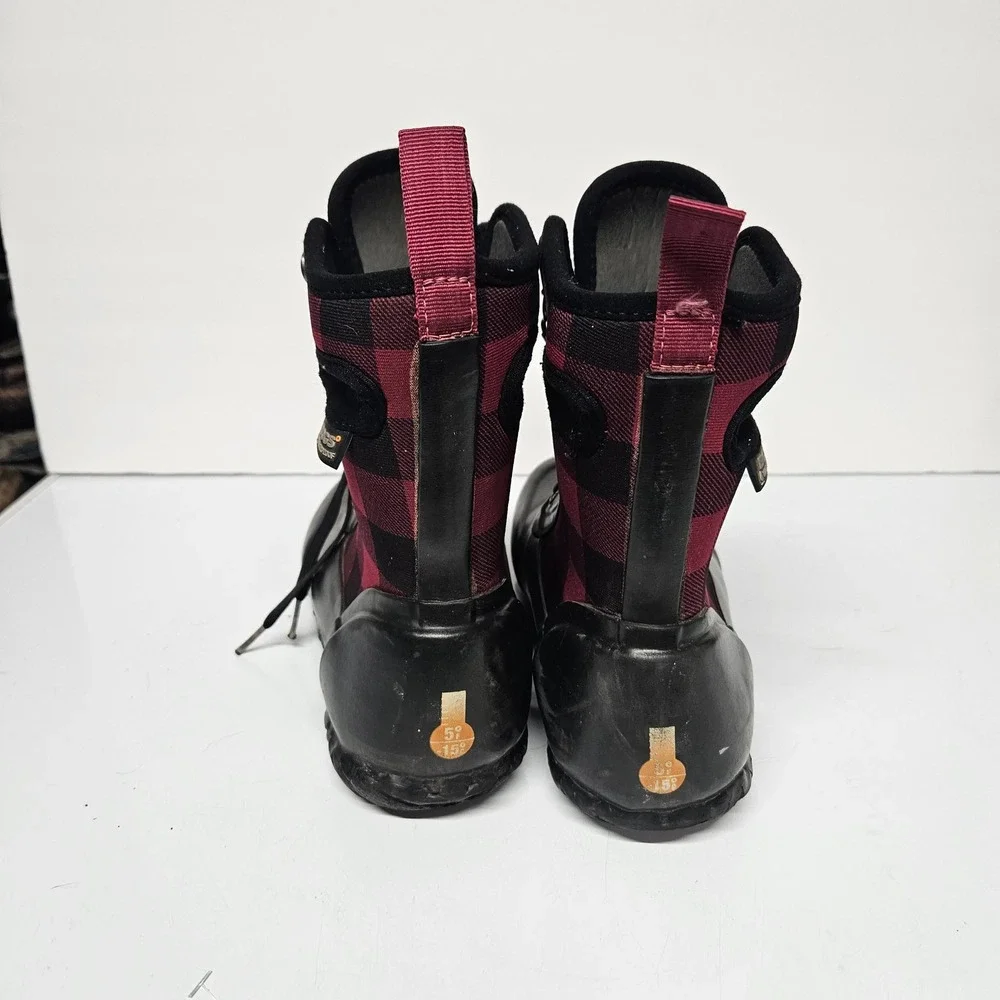Bogs Sidney Lace PLD Youth 4 Black Red Buffalo Plaid Waterproof Winter Boots